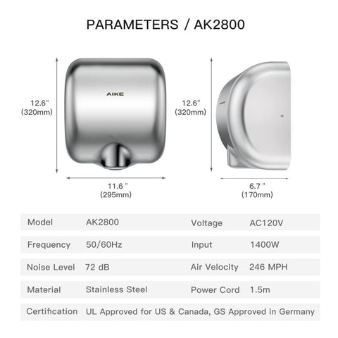 AIKE® Wall-Mounted High Speed Bathroom Hand Dryer, Classic Style, Model AK2800