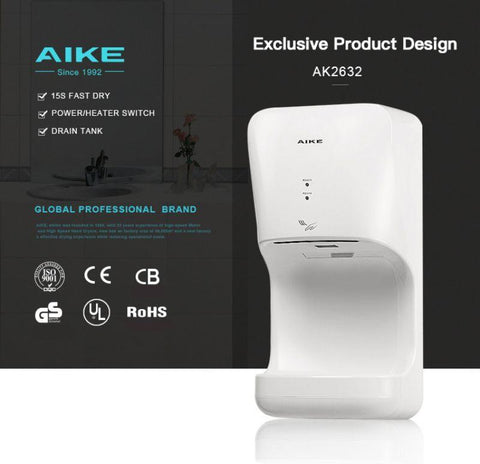 AIKE® Wall Mounted Automatic High Speed Bathroom Hands Dryer ABS Plastic Cover, Model AK2632